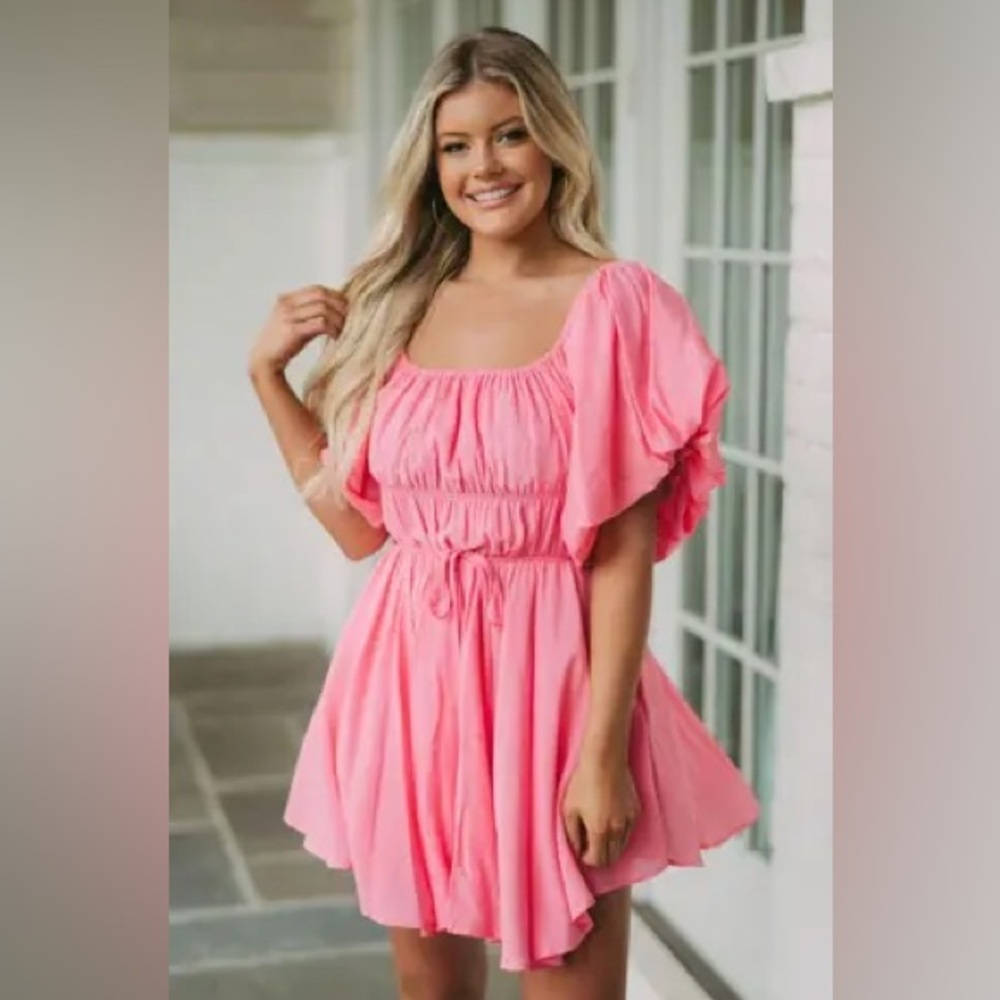 Pink Mini Dress with Ruffle Sleeves